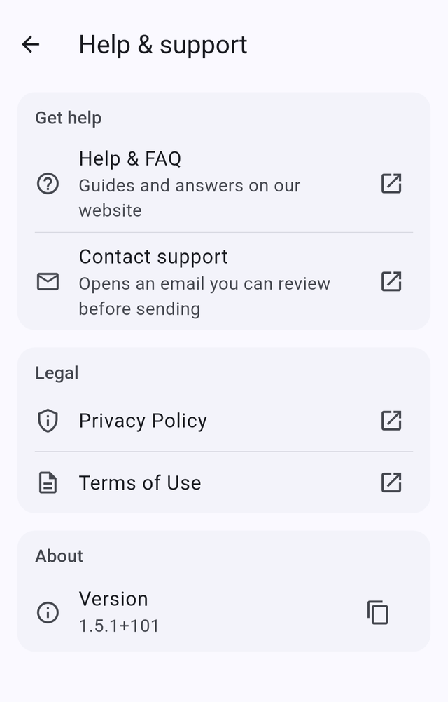 Time Tracker Help & support screen with the Contact support option