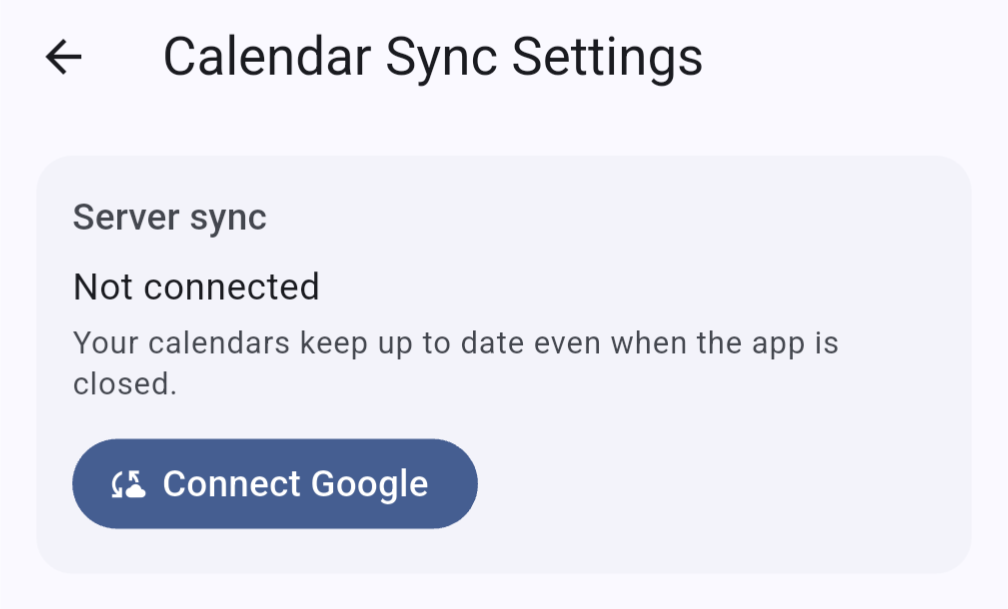 Time Tracker Calendar Sync Settings screen, not yet connected, with the Connect Google button