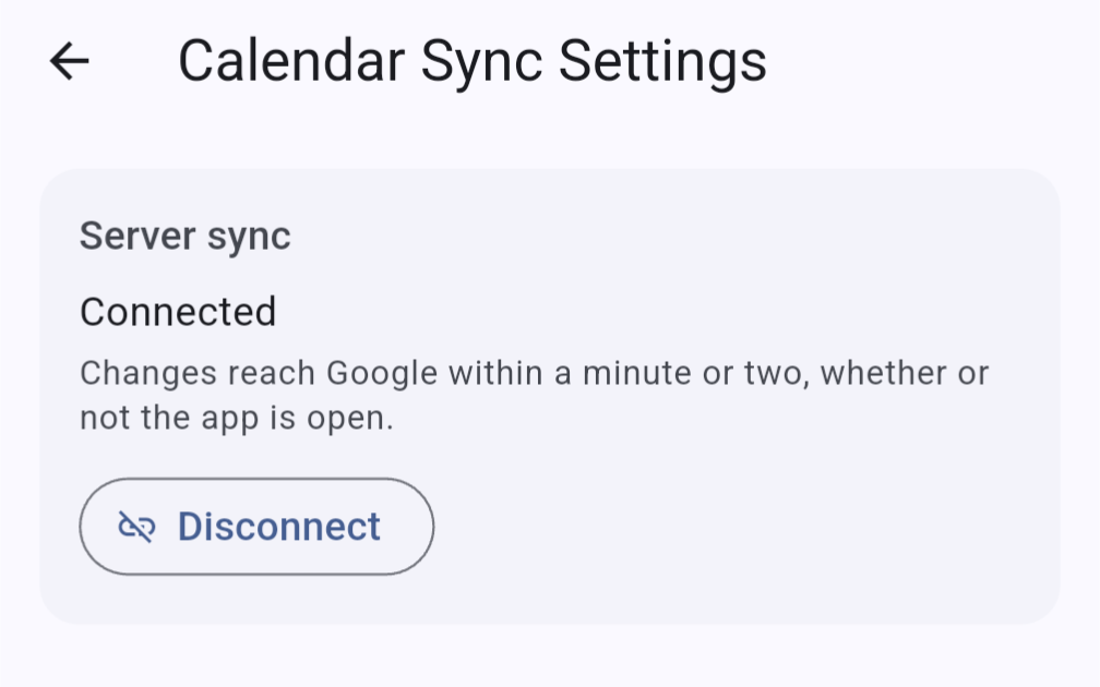 Time Tracker Calendar Sync Settings screen, connected to Google, with the Disconnect button