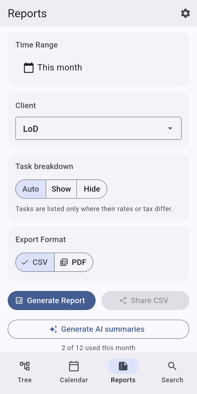 Time Tracker Reports screen with CSV and PDF export formats and the Generate Report button