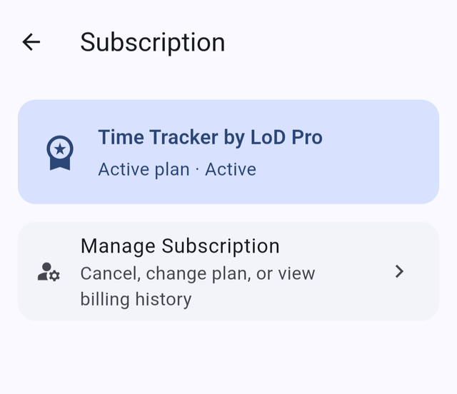 Time Tracker Subscription screen with the Manage Subscription option